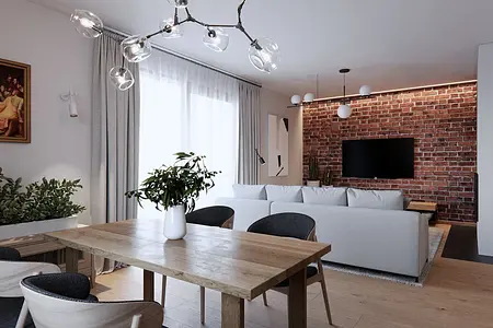 Eklektyczne wnętrze salonu z minimalistycznym wystrojem, skandynawskimi akcentami i tradycyjnymi elementami.