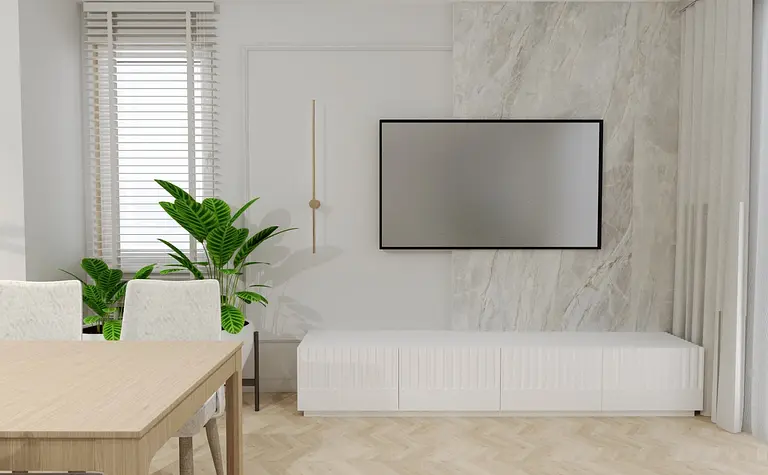 Nowoczesne wnętrze salonu z białymi meblami i roślinami, skandynawski styl.