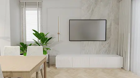 Nowoczesne wnętrze salonu z białymi meblami i roślinami, skandynawski styl.