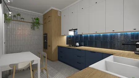 Kuchnia w stylu art deco z niebieskimi meblami i roślinami