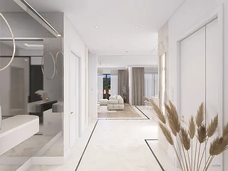 Nowoczesny przedpokój z białymi ścianami, minimaluxe i quiet luxury.