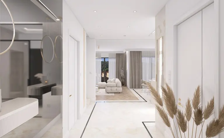 Nowoczesny przedpokój z białymi ścianami, minimaluxe i quiet luxury.