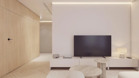 Salon z minimalistycznym wystrojem, jasnymi meblami i TV, styl minimaluxe, nowoczesny, współczesny.