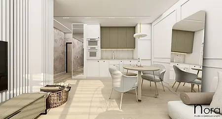 Wnętrze kuchni w stylu boho, minimalistycznym i skandynawskim z jasnymi meblami.