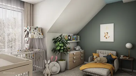Stylowe wnętrze salonu art deco z zieloną sofą i czarnymi stolikami.