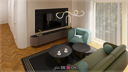 Stylowe wnętrze salonu art deco z zieloną sofą i czarnymi stolikami.