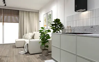 Wnętrze kuchni z minimalistycznym designem, nowoczesnymi meblami i vintage akcentami.