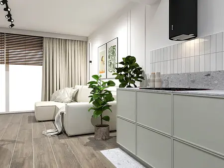 Wnętrze kuchni z minimalistycznym designem, nowoczesnymi meblami i vintage akcentami.