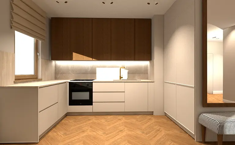 Wnętrze kuchni z drewnianymi i białymi meblami, nowoczesny design.