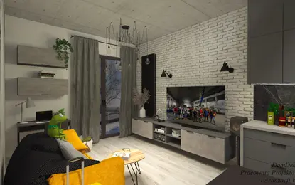Nowoczesny salon w stylu industrialnym z minimalistycznymi akcentami.