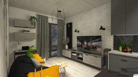 Nowoczesny salon w stylu industrialnym z minimalistycznymi akcentami.