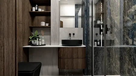 Wnętrze łazienki w stylu eklektycznym z nowoczesnymi elementami i quiet luxury.