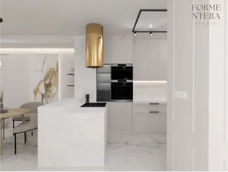 Nowoczesna kuchnia w stylu art deco i minimalistycznym z marmurowymi detalami.