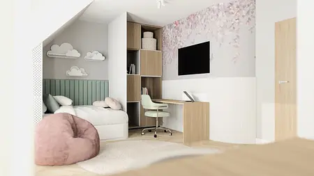 Wnętrze pokoju dziecięcego w stylu soft minimalizm, tradycyjnym i współczesnym.