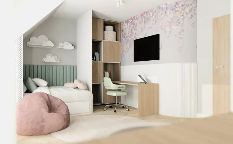 Wnętrze pokoju dziecięcego w stylu soft minimalizm, tradycyjnym i współczesnym.
