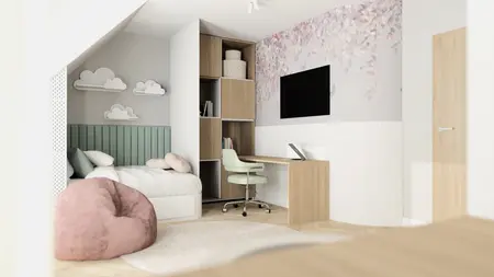 Wnętrze pokoju dziecięcego w stylu soft minimalizm, tradycyjnym i współczesnym.