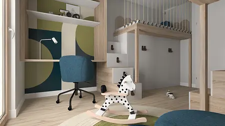 Wnętrze pokoju dziecięcego z drewnianymi meblami i dekoracjami dopamine decor.