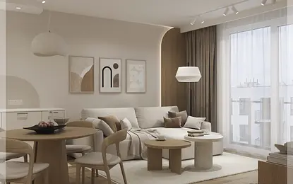 Wnętrze salonu w stylu japandi z beżową sofą i drewnianymi elementami.