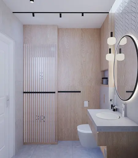 Wnętrze łazienki z drewnianymi ścianami, nowoczesnymi detalami i lustrem w stylu art deco.