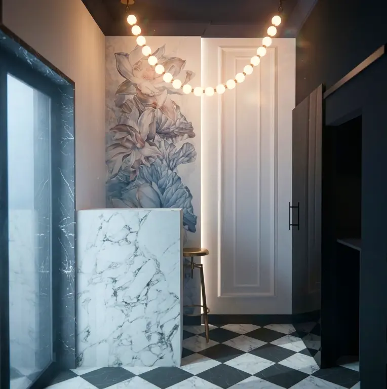 Przedpokój z marmurową ladą, kwiatową tapetą w stylu art deco, eklektycznym i industrialnym.