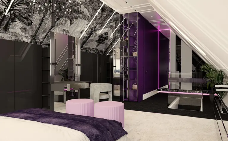 Wnętrze poddasza w stylu dopamine decor z fioletowymi akcentami i eklektycznym wystrojem.