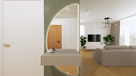 Wnętrze w stylu art deco i boho z zielonymi akcentami i drewnianą podłogą.
