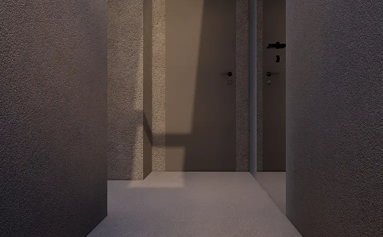 Przestronny przedpokój w stylu eklektycznym, japandi i minimalistycznym z szarymi ścianami.