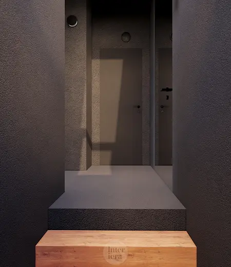 Przestronny przedpokój w stylu eklektycznym, japandi i minimalistycznym z szarymi ścianami.