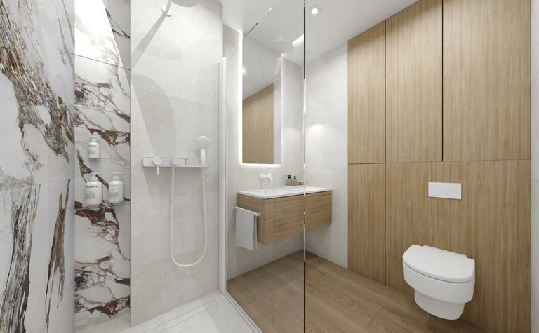 Nowoczesna łazienka z minimalistycznym designem, drewnianymi elementami i eleganckimi płytkami.