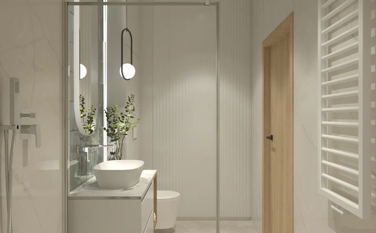 Nowoczesna łazienka z białą umywalką, drewnianymi elementami, minimalistyczny design