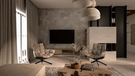 Wnętrze salonu w stylu minimalistycznym i skandynawskim z drewnianymi meblami.