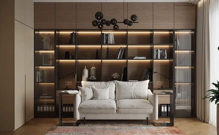 Wnętrze z minimalistycznym regałem i nowoczesną sofą, współczesny design.