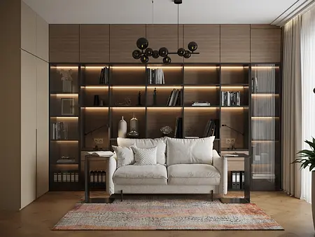 Wnętrze z minimalistycznym regałem i nowoczesną sofą, współczesny design.
