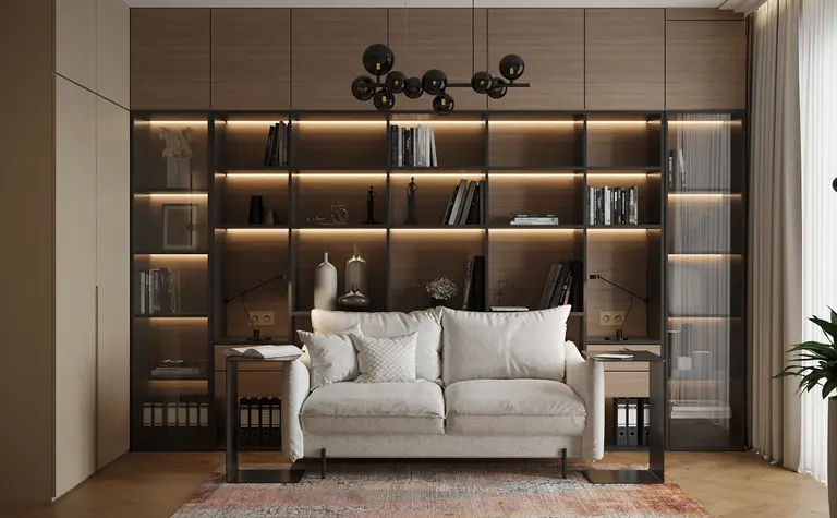 Wnętrze z minimalistycznym regałem i nowoczesną sofą, współczesny design.