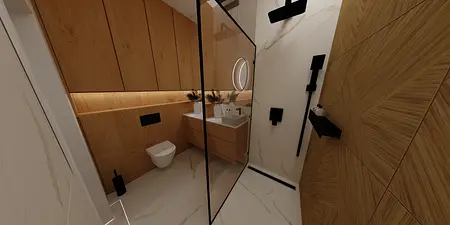 Nowoczesna łazienka z drewnianymi frontami szafek, podwieszanym sedesem oraz przeszkloną kabiną prysznicową. Ściany wykończone marmurem, a lustro z okrągłym podświetleniem nadaje elegancki charakter. Czarne akcenty armatury.