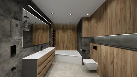 Nowoczesna łazienka w stylu industrialnym i rustykalnym z drewnianymi meblami.