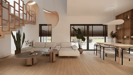 Wnętrze salonu w stylu minimalistycznym z roślinami i drewnianymi meblami.