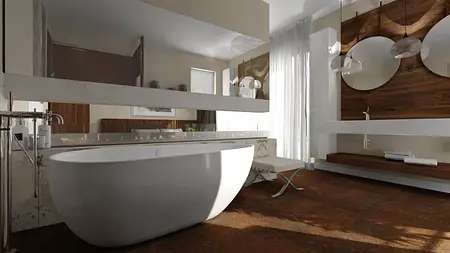 Wnętrze nowoczesnej łazienki z białą wanną i drewnianymi detalami.
