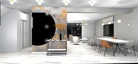 Wnętrze z elementami art deco i minimaluxe, czarna ściana, jasne meble, nowoczesne oświetlenie.