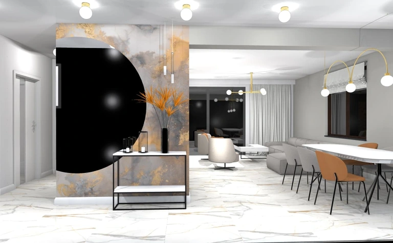 Wnętrze z elementami art deco i minimaluxe, czarna ściana, jasne meble, nowoczesne oświetlenie.