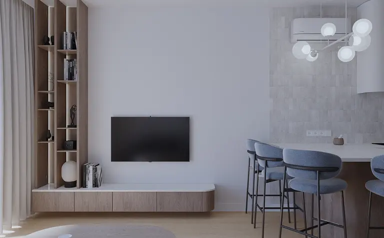 Nowoczesny salon z drewnianą półką i szarymi krzesłami przy stole.