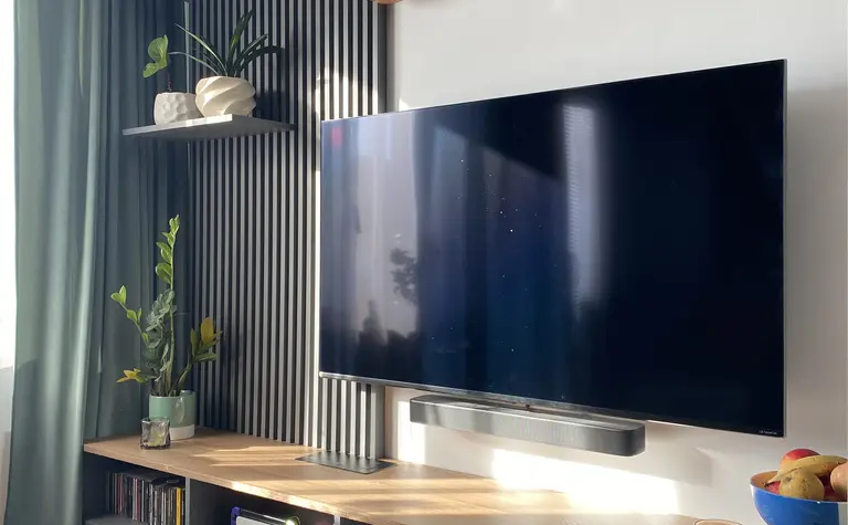 Nowoczesne wnętrze salonu z telewizorem, drewnianą półką i roślinami.
