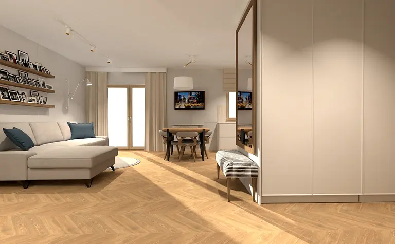 Wnętrze współczesnego salonu z jasnym narożnikiem i drewnianym stołem.