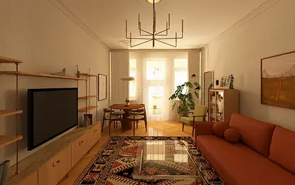 Wnętrze salonu vintage z pomarańczową sofą, drewnianym stołem oraz rośliną.