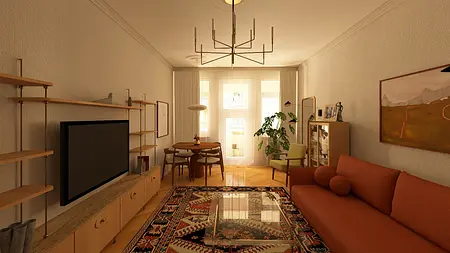 Wnętrze salonu vintage z pomarańczową sofą, drewnianym stołem oraz rośliną.