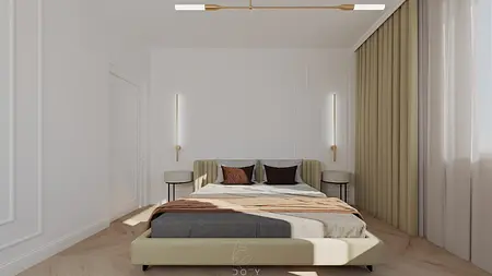 Sypialnia w stylach boho, japandi, nowoczesnym, quiet luxury, współczesnym z jasnymi meblami.
