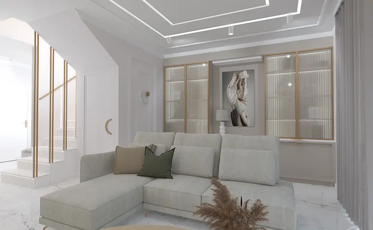 Wnętrze salonu w stylu art deco, glamour i minimalistycznym z jasnymi meblami.