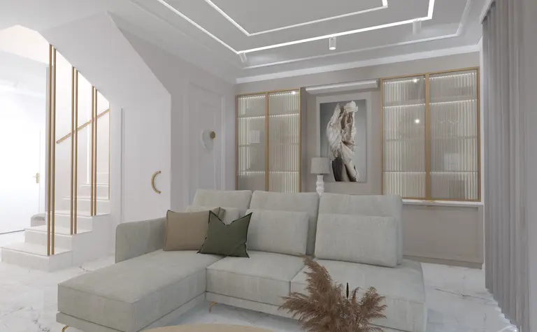 Wnętrze salonu w stylu art deco, glamour i minimalistycznym z jasnymi meblami.