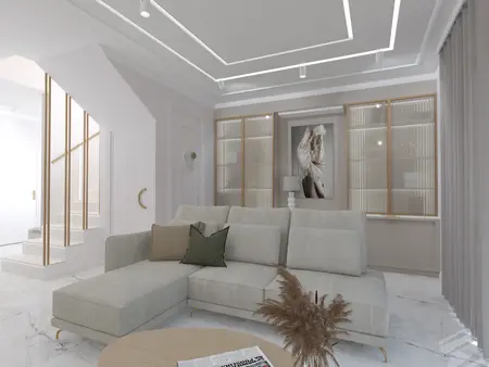 Wnętrze salonu w stylu art deco, glamour i minimalistycznym z jasnymi meblami.