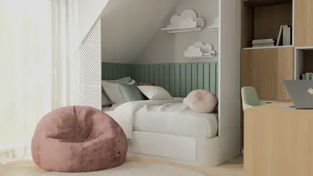 Pokój dziecięcy w stylu soft minimalizm z zielonymi akcentami, tradycyjnym łóżkiem i nowoczesnym biurkiem.